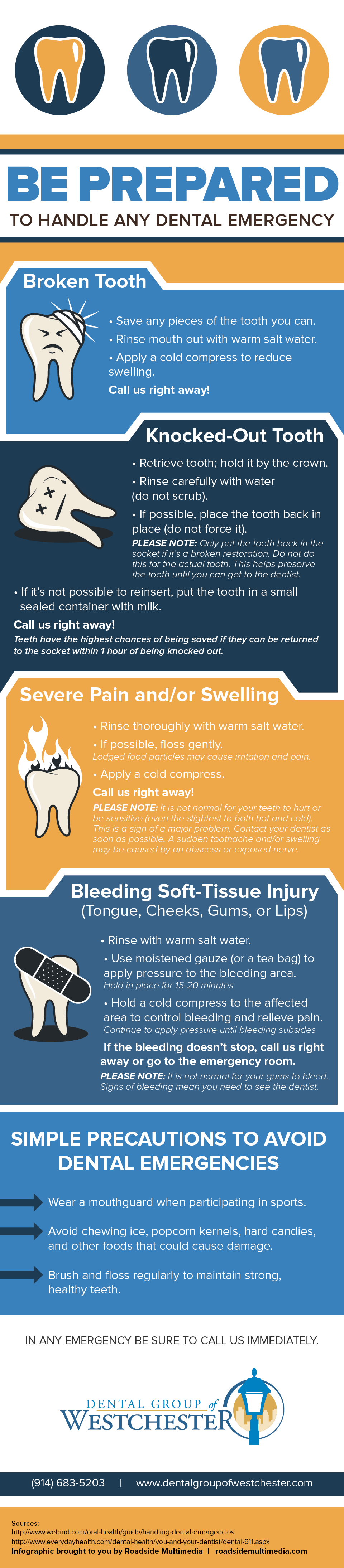 Instructions to handle dental emergencies Infographic explaining how to handle dental emergencies and call Dental Group of Westchester
