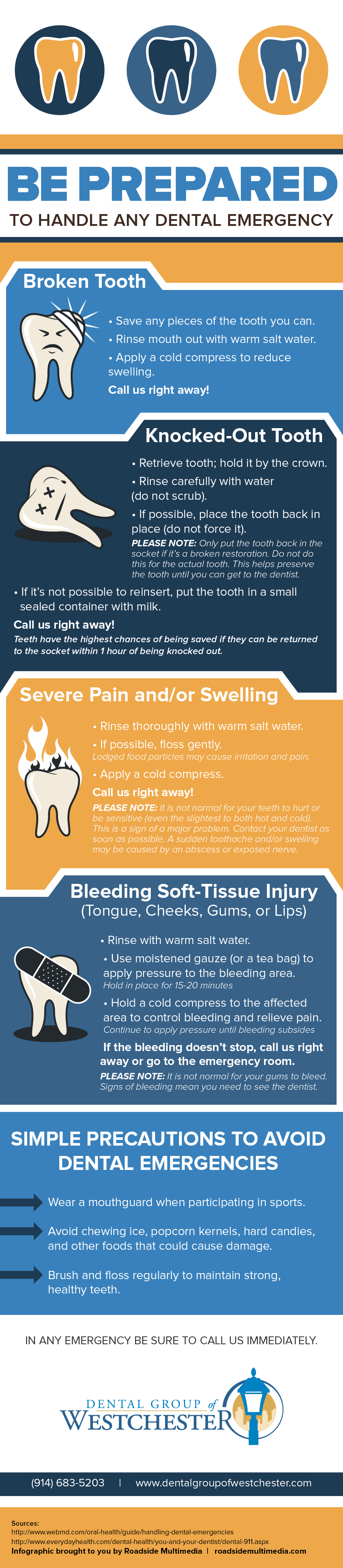 Infographic explaining how to handle dental emergencies and call Dental Group of Westchester