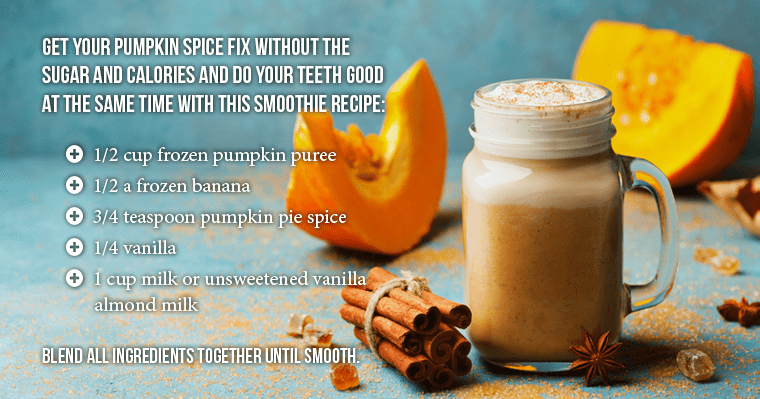 Pumpkin spice smoothie recipe with frozen pumpkin puree, banana, pumpkin pie spice, and almond milk, promoting dental health and low in sugar.